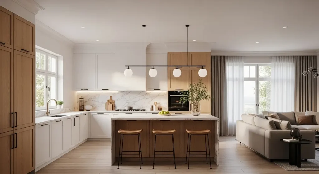 تنسيق ألوان المطبخ المفتوح مع غرفة المعيشة