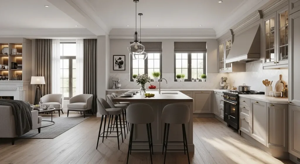 تخطيط مطبخ مفتوح متصل بالصالة مع جزيرة عصرية