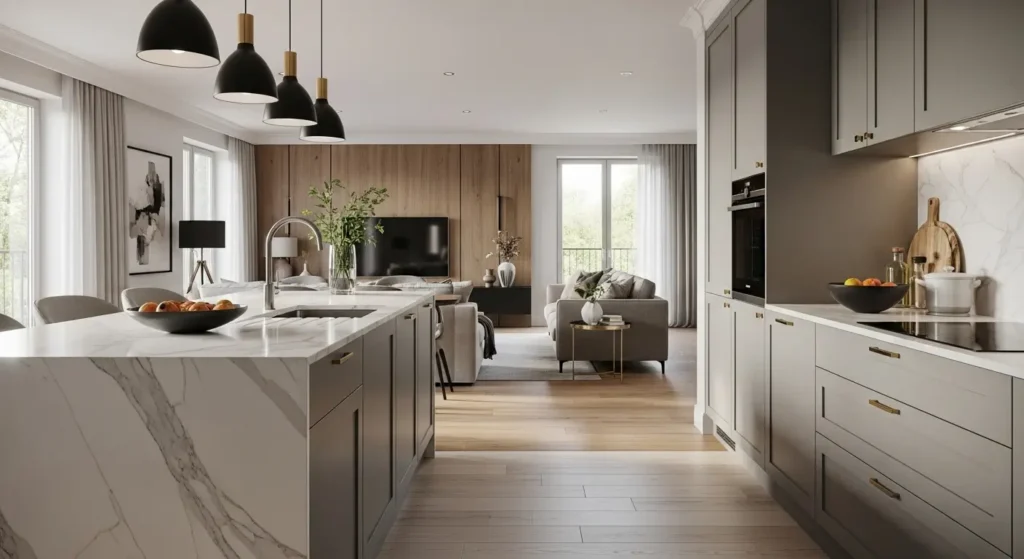 تصميم مطبخ مفتوح متصل بغرفة المعيشة بديكور عصري