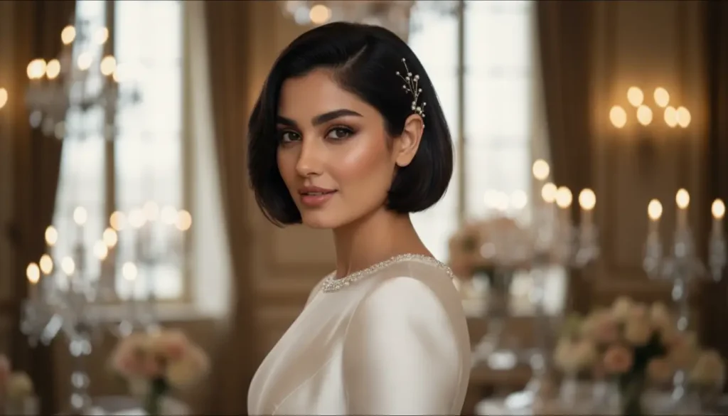 أروع تسريحات الشعر القصير للعروس بإطلالة مميزة وفاخرة تسريحة شعر قصير لعروس بإطلالة أنيقة وعصرية