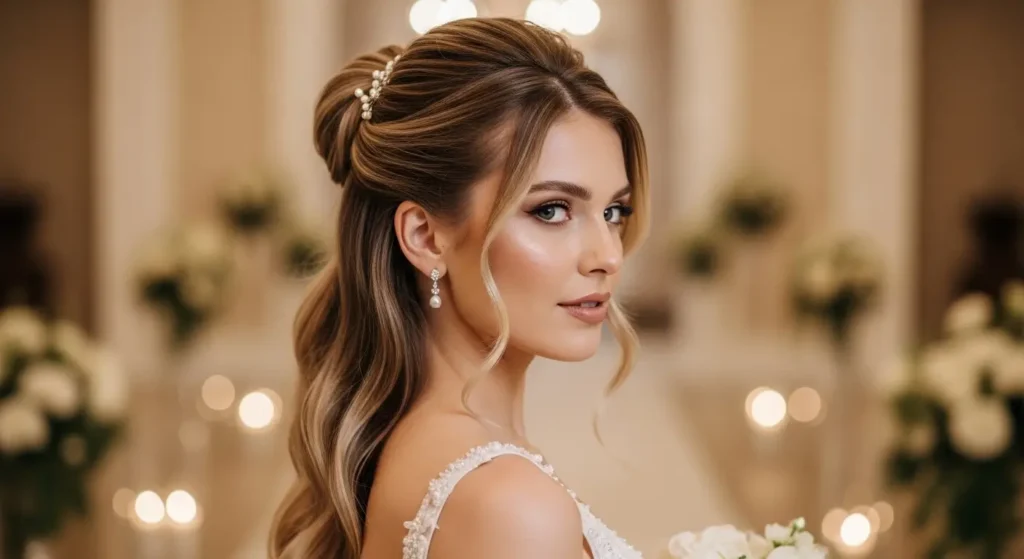 أجمل تسريحات شعر للاعراس نصف مرفوعة لعروس بإطلالة راقية تسريحات شعر للاعراس نصف مرفوعة لعروس بإطلالة أنيقة
