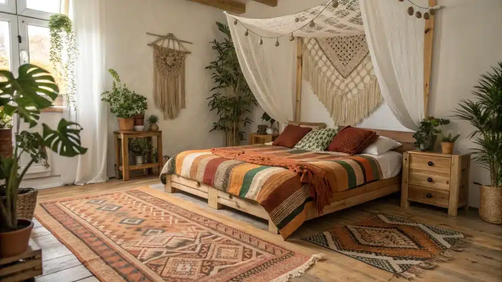 تصاميم غرف نوم بوهيمية دفء وإبداع وحرية بلا حدود تصاميم غرف نوم بوهيمية تجمع بين الأنماط اليدوية والمواد الطبيعية