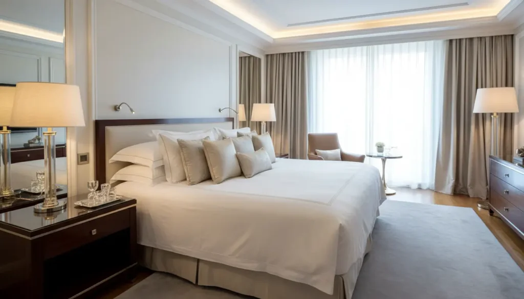 تصاميم غرف نوم فندقية خمس نجوم وراحة استثنائية تصاميم غرف نوم فندقية تجمع بين الأثاث الأنيق والفراش الفاخر