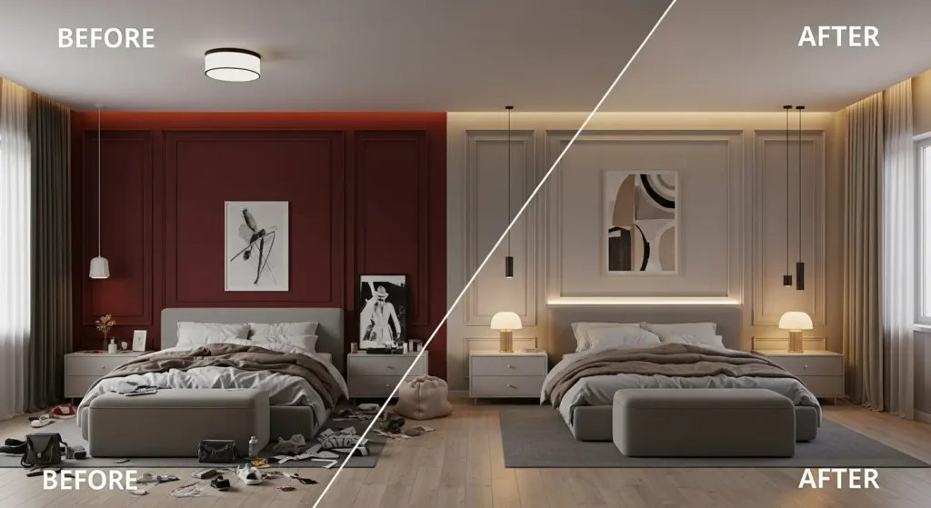 تحويل غرفة نوم من فوضى إلى تصميم متوازن وأنيق تصاميم غرف نوم قبل وبعد مع تصحيح أشهر الأخطاء