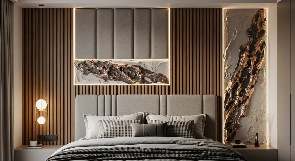تصاميم غرف نوم تضيف لمسة فنية بخلفيات سرير مبتكرة هيدبورد مخملي أو جبسي بإضاءة LED مخفية لغرفة النوم