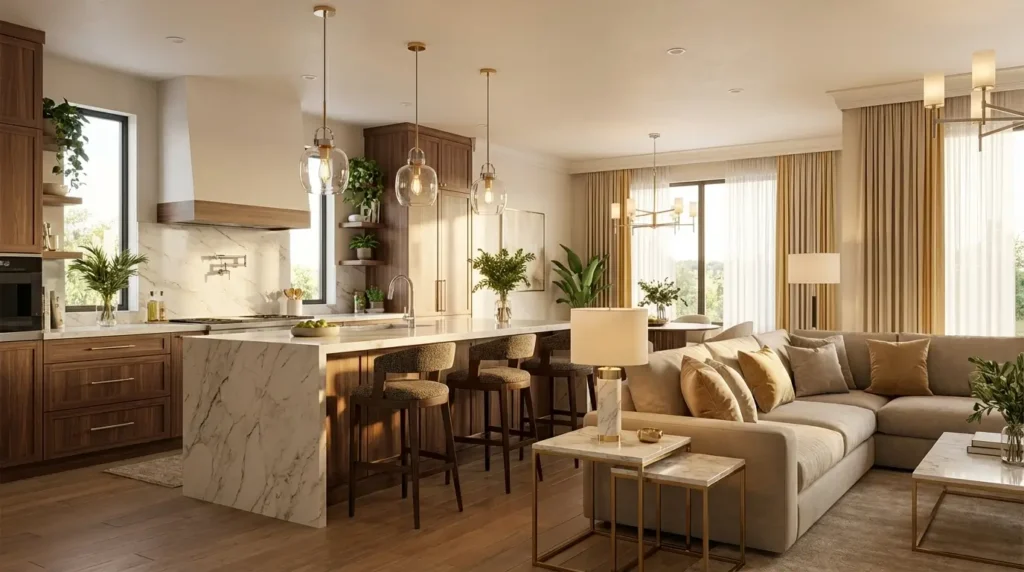 ديكور مطبخ امريكي مفتوح على الصالة متناغم وراقي