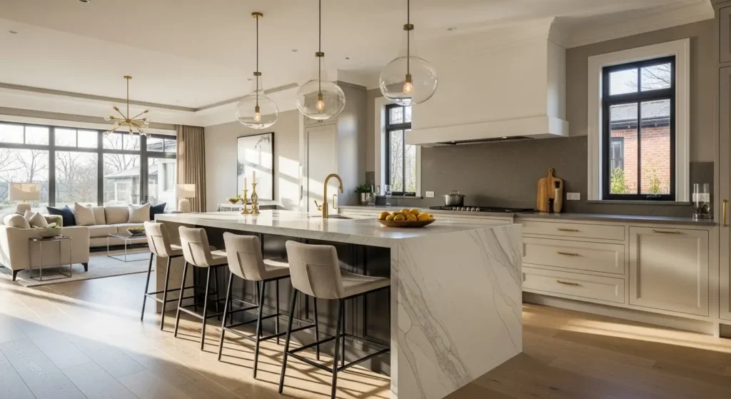 جزيرة مطبخ حديثة في مطبخ مفتوح على الصالة