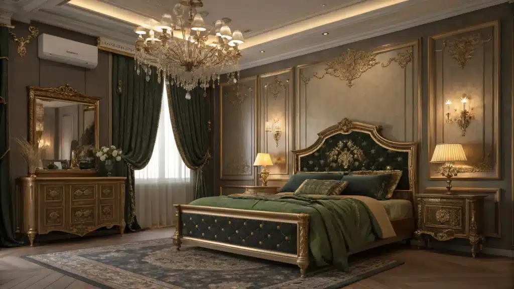 أفكار غرف نوم كلاسيكية بلمسة فخمة وأسلوب ملكي أنيق غرفة نوم فاخرة بأثاث خشبي منحوت وألوان ملكية