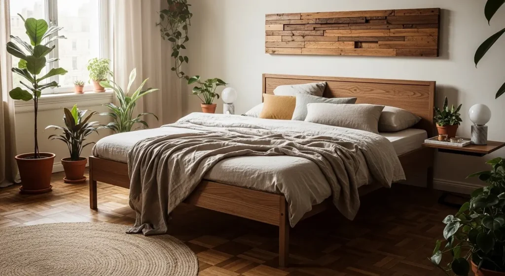 غرفة نوم عصرية تجمع الخشب الطبيعي والاستدامة بلمسة فنية تصميم غرفة نوم بمواد طبيعية وألوان هادئة وعضوية