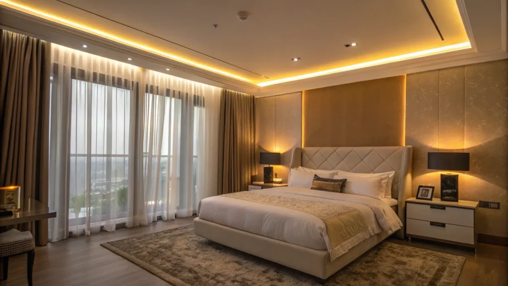 أفكار غرف نوم بلمسات إضاءة ذكية ومزاجية حديثة غرفة نوم مع إضاءة LED ذكية ومصابيح جانبية