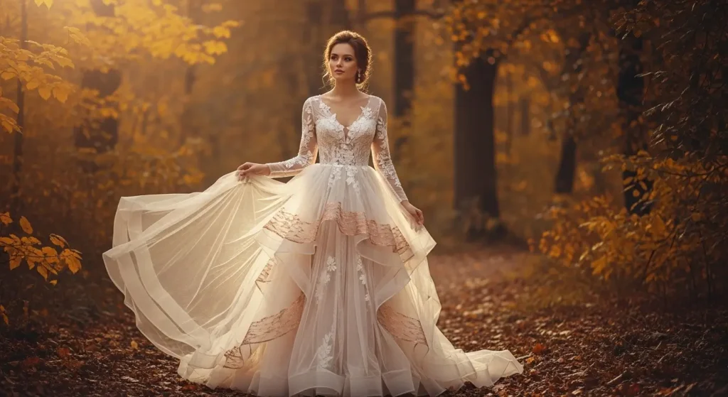 أروع فساتين الزفاف الخريفية لعروس بإطلالة طبيعية وفاخرة فستان عروس خريفي مزين بالدانتيل والتول لإطلالة أنثوية