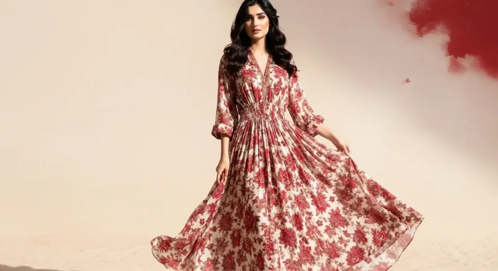 فستان ماكسي أحمر وأبيض بنقوش زهرية فستان ماكسي أحمر وأبيض بنقوش زهرية بجودة عالية