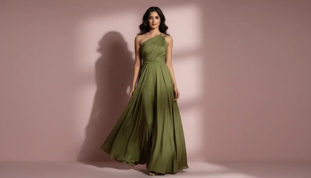 فستان ماكسي أخضر زيتي بقصة كتف واحدة لإطلالة مسائية فاخرة فستان ماكسي أخضر زيتي بكتف واحد لإطلالة أنيقة وجريئة
