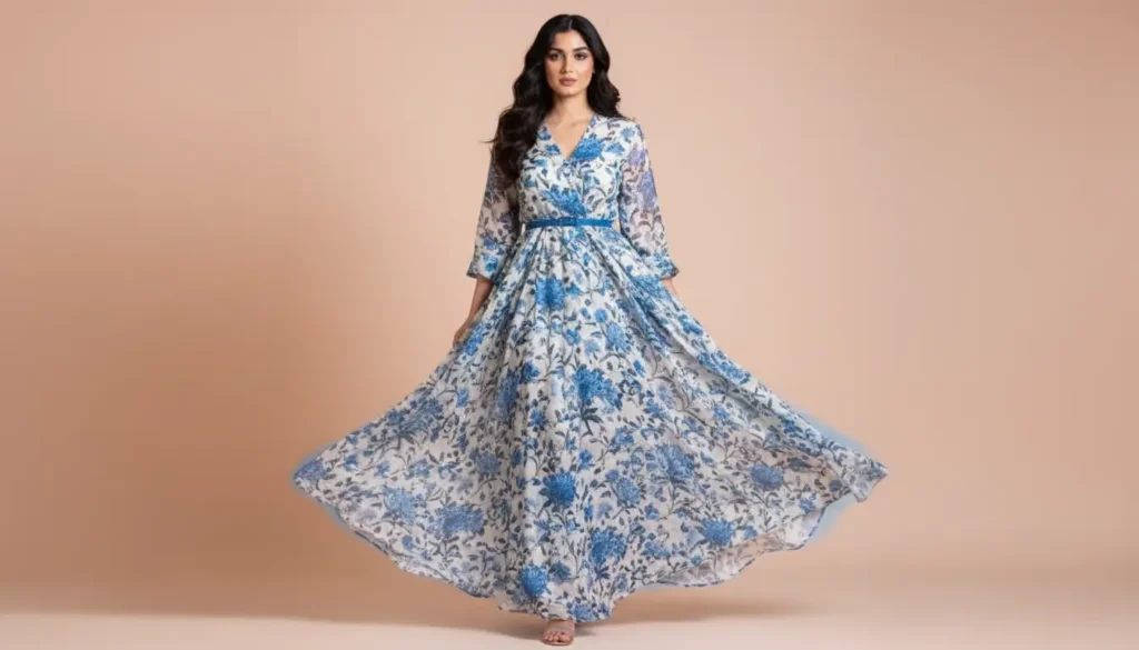 اكتشفي أناقة فستان ماكسي أزرق بحزام عملي ومريح فستان ماكسي أزرق مزهر بحزام