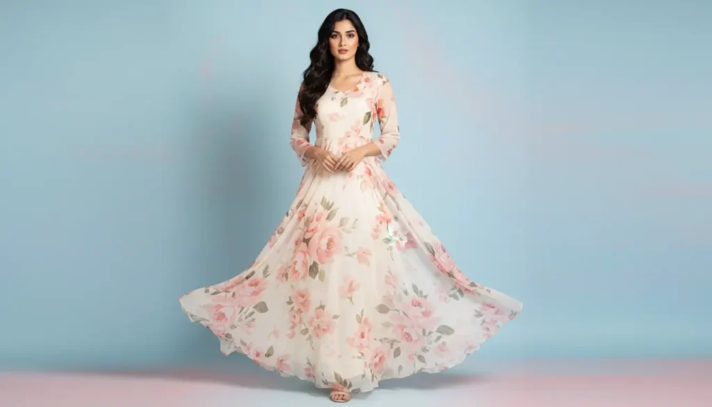 فستان ماكسي كريمي بطبعة زهور مائية لإطلالة حالمة فستان ماكسي كريمي بطبعة زهور لإطلالة أنثوية ناعمة