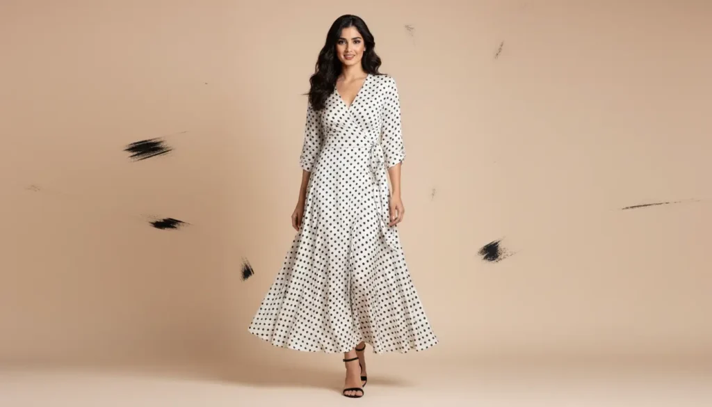 فستان ماكسي منقط بالأبيض والأسود لإطلالة كلاسيكية عصرية فستان ماكسي منقط بالأبيض والأسود بإطلالة أنيقة