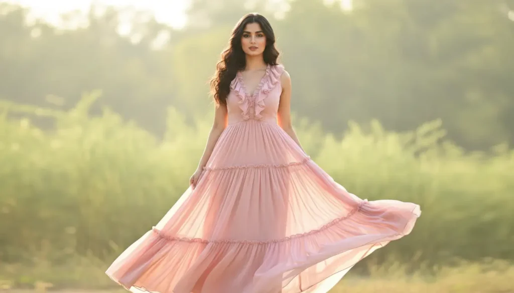 فستان وردي ناعم بالكشكشة فستان وردي مزهر بالكشكشة على خلفية سادة ناعمة