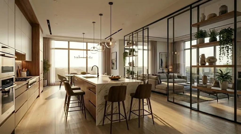 فصل مطبخ امريكي مفتوح على الصالة بقواطع زجاجية