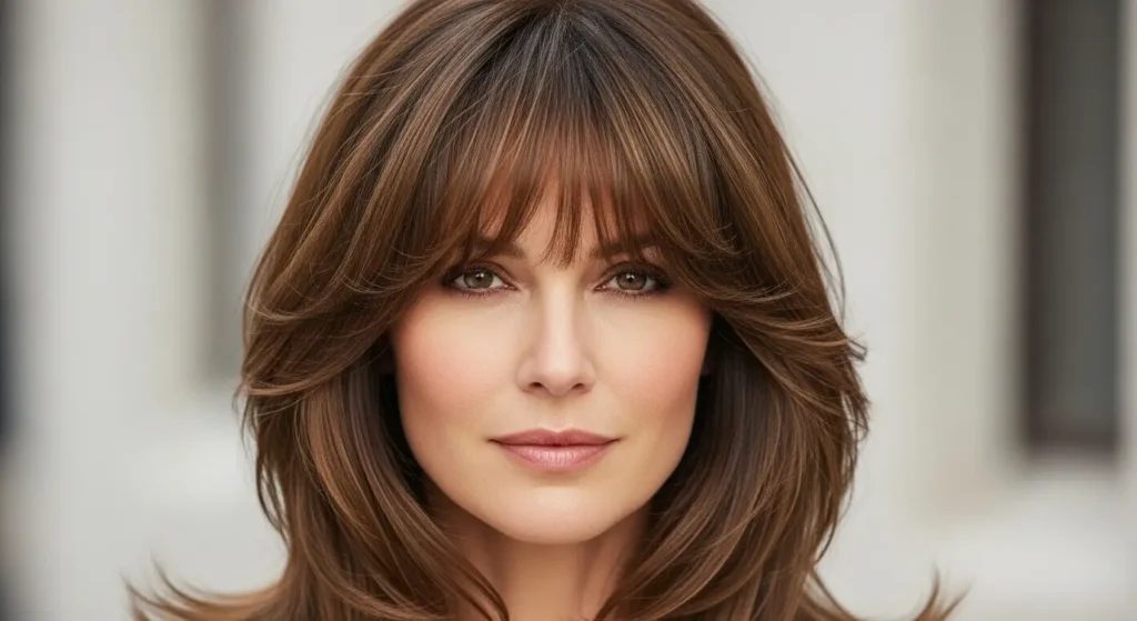 المدرج مع غرة ستارة للوجوه الطويلة والبيضاوية تسريحة رائعة التدرجات مع الغرة الستارة تضيف حركة وحيوية طبيعية للشعر