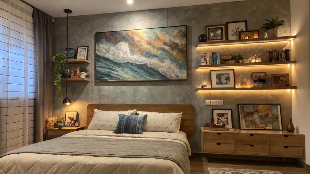 أفكار ديكور غرف نوم بلمسات فنية وشخصية مميزة غرفة نوم مع لوحة تجريدية وجدار معرض شخصي أنيق