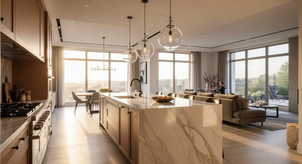 تصميم مطبخ امريكي مفتوح على الصالة بإضاءة طبيعية