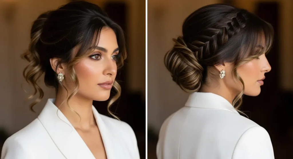 تسريحات الضيوف في الأعراس تمنح إطلالة أنيقة وجذابة شعر للأعراس نصف مرفوع مع كعكة وضفيرة جانبية
