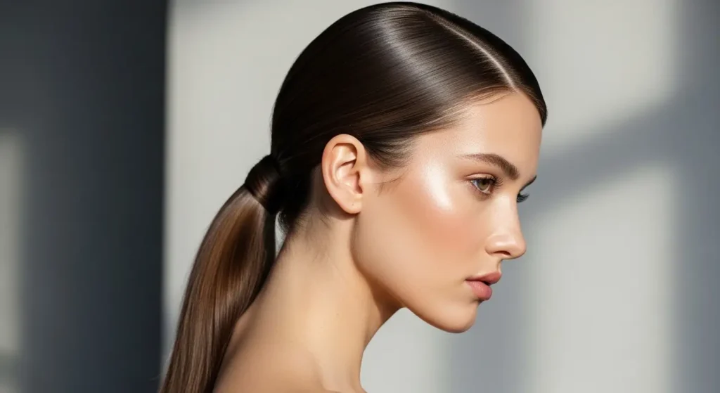 أجمل تسريحات الشعر ذيل حصان منخفض لإطلالة رسمية أنيقة تسريحات الشعر ذيل حصان منخفض مع فرق جانبي ناعم للشعر