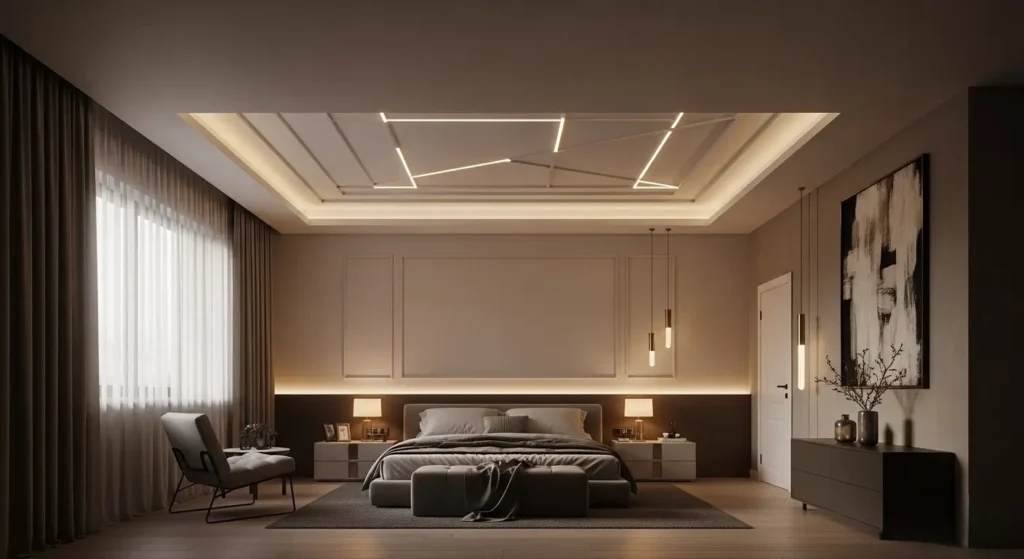 تصميم غرف نوم مودرن بأسقف وإضاءة غرف نوم مودرن بإضاءة فاخرة