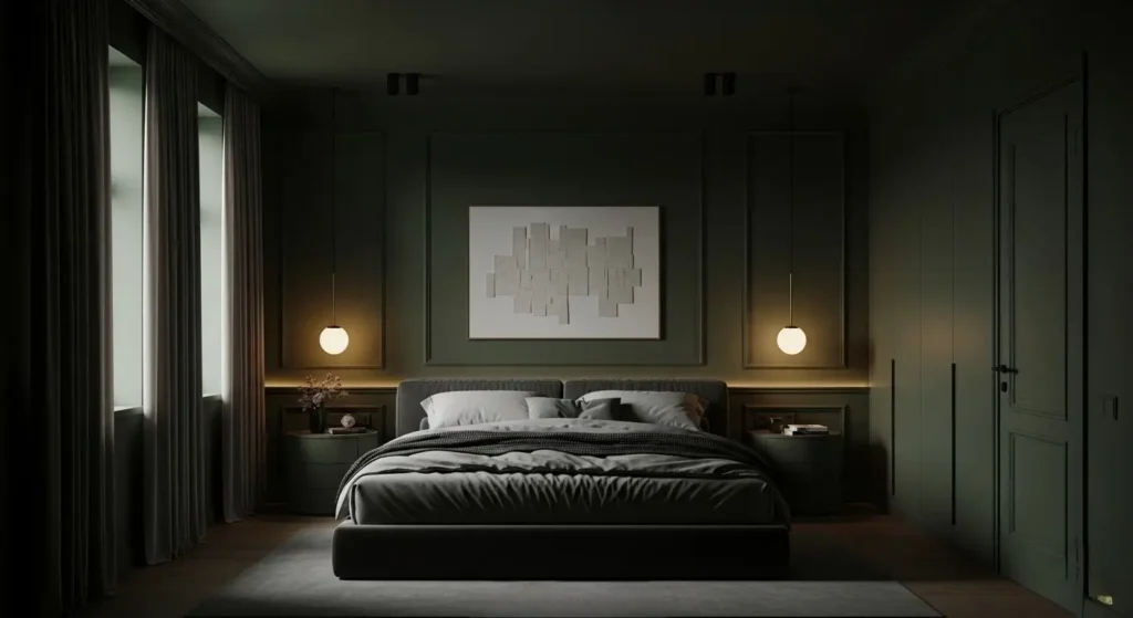 ديكور غرفة نوم حديث بتقنية غمر اللون لمظهر فاخر غرفة نوم بلون موحد عميق بإضاءة دافئة وتصميم راق