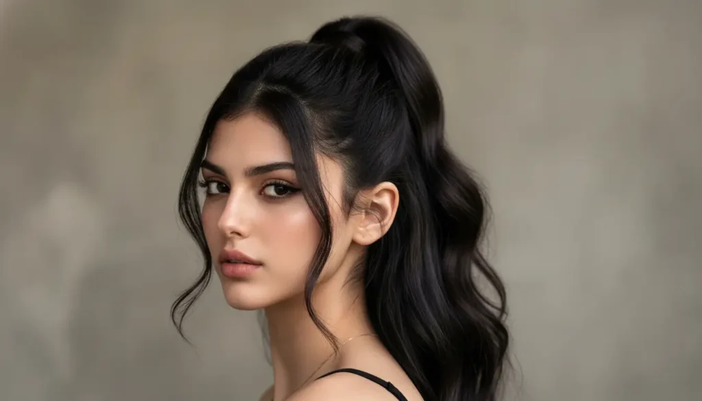 إطلالة ذيل حصان مرتفع تمنح الشعر حجمًا وشبابية واضحة ذيل حصان مرتفع يرفع ملامح الوجه ويبرز الخد والرقبة