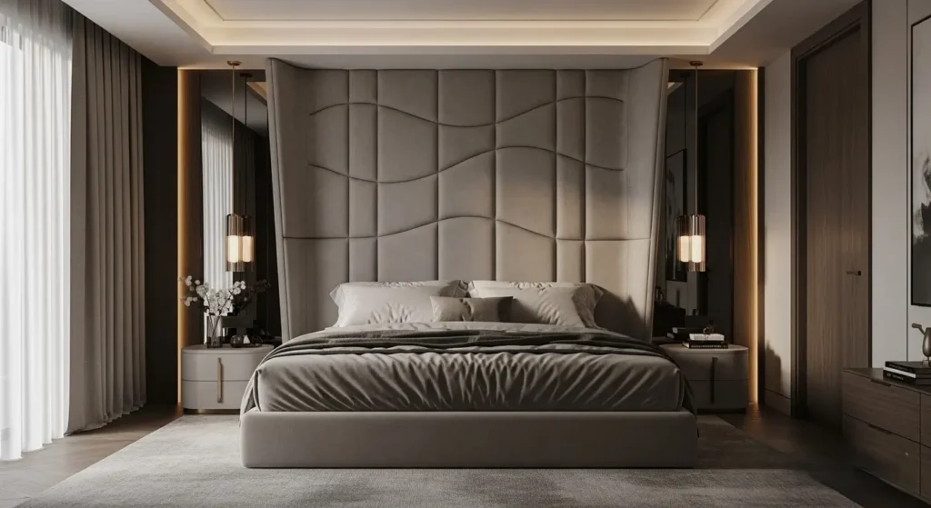 تصميم رأس سرير فخم يمتد لنصف الجدار بأسلوب عصري رأس سرير طويل مبطن بتصميم متعرج أنيق وراقي