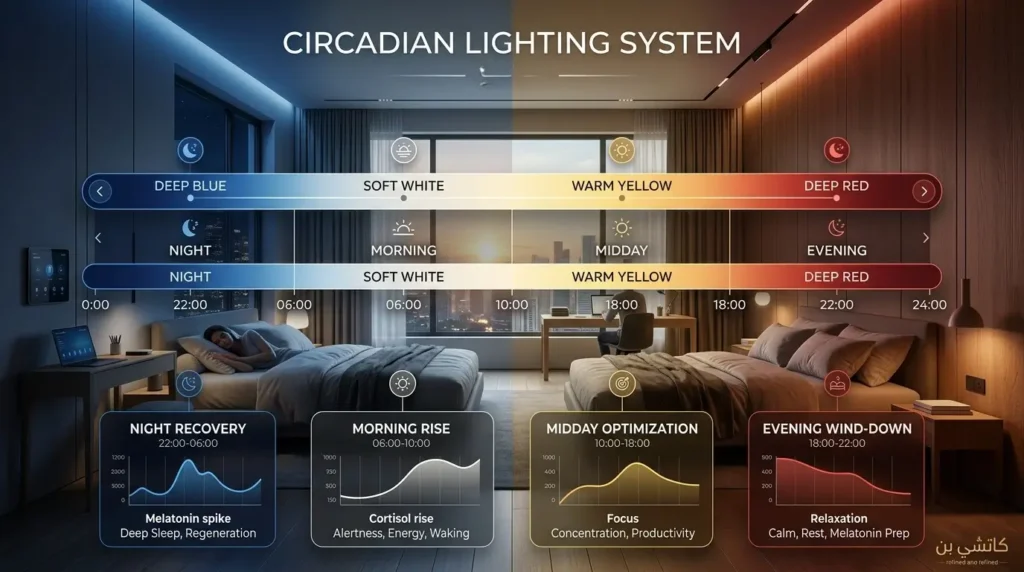 رسم بياني يوضح تغير الإضاءة السيركادية داخل غرف النوم الحديثة تدرج الإضاءة السيركادية من الأزرق إلى الأحمر خلال اليوم