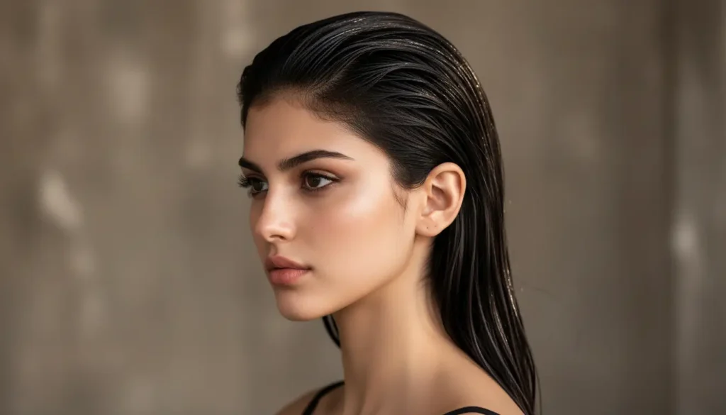 إطلالة شعر مبلل كلاسيكي تمنح الشعر لمعاناً وأسلوبًا أنيقًا شعر مبلل كلاسيكي يعطي لمعانًا وتألقًا مثاليًا للشعر المستقيم