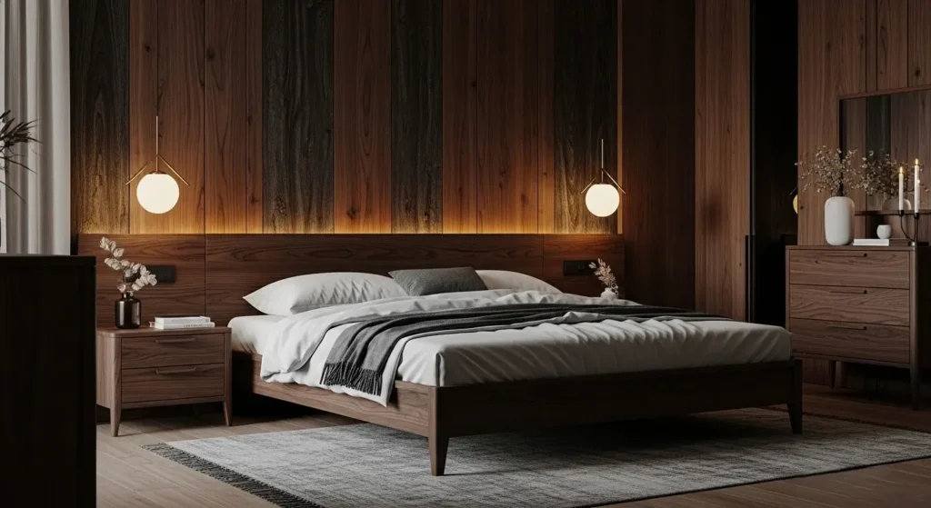تصميم غرف نوم مودرن بأثاث خشب داكن وإضاءة دافئة غرف نوم مودرن بخشب جوز داكن وأغطية بيضاء أنيقة