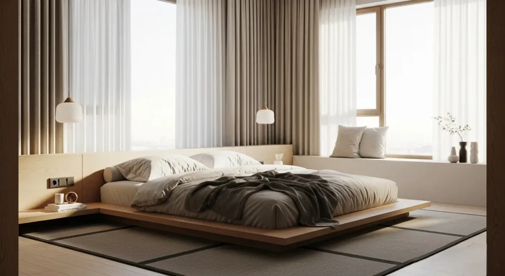 تصميم غرف نوم مودرن بسرير منخفض بطابع ياباني أنيق غرف نوم مودرن بسرير منخفض 30-40 سم بطابع بسيط