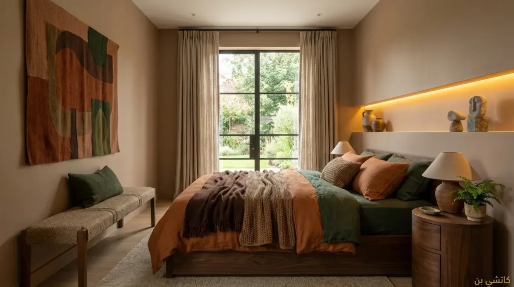 تصميم غرف نوم مودرن بألوان ترابية لراحة وأناقة طبيعية غرف نوم مودرن بألوان بنية وخضراء بديكور طبيعي هادئ