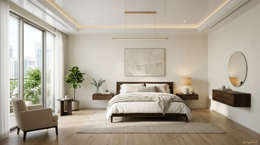 تصميم غرف نوم مودرن بألوان فاتحة وأسقف عالية بصرياً جداً غرف نوم مودرن بألوان فاتحة وتصميم يوسع المساحة بصرياً