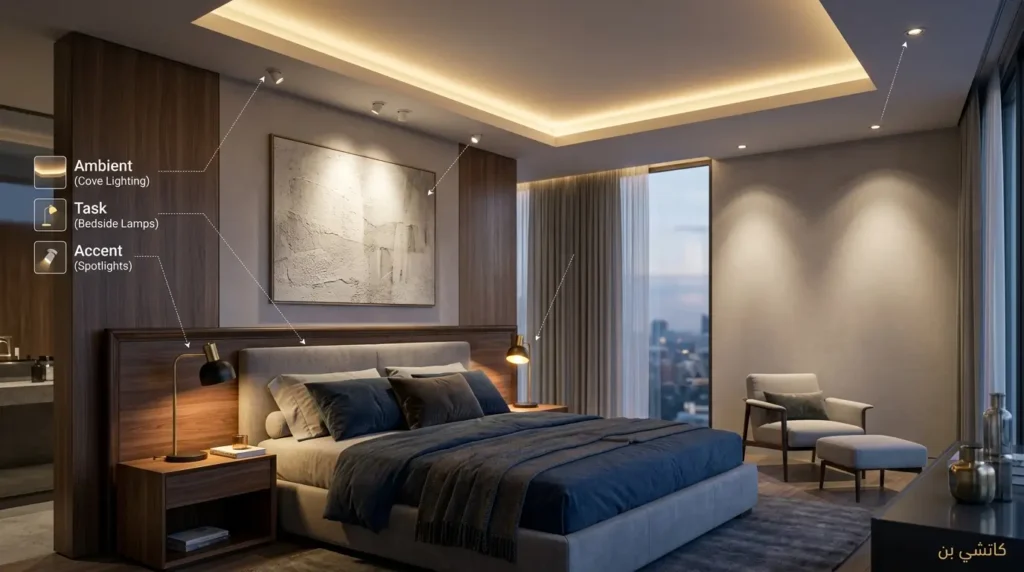 تصميم غرف نوم مودرن بإضاءة متعددة الطبقات بشكل توضيحي غرف نوم مودرن رسم توضيحي لإضاءة ثلاث طبقات واقعي جدا
