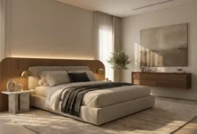 غرف نوم مودرن فاخرة بإضاءة هادئة وتصميم أنيق