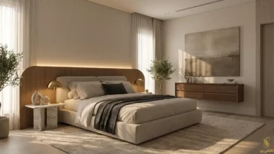 غرف نوم مودرن فاخرة بإضاءة هادئة وتصميم أنيق
