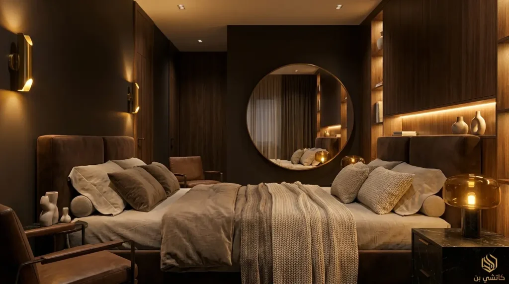 تصميم غرف نوم مودرن بدرجات الشوكولاتة الفاخرة غرف نوم مودرن بلون موكا داكن مع إضاءة ذهبية أنيقة