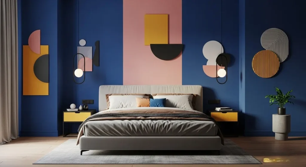 تصميم غرفة نوم بألوان متباينة يمنحك جرأة وأناقة غرفة نوم بجدار أزرق مع لمسات وردية أو صفراء أنيقة