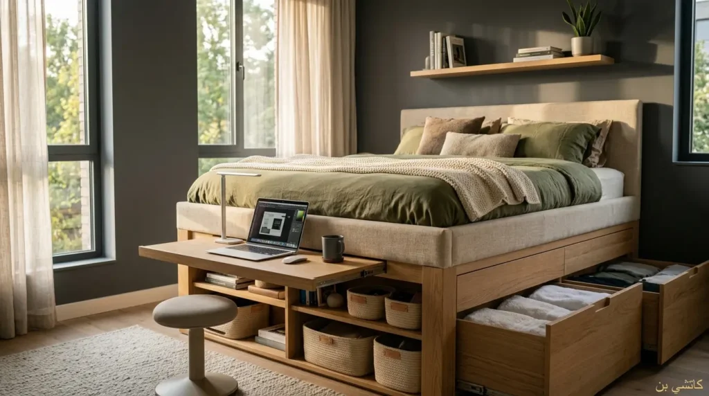 تصميم غرفة نوم بسرير مرتفع مع تخزين سفلي عملي وذكي جدا غرفة نوم سرير مرتفع مع تخزين سفلي وتصميم عملي حديث