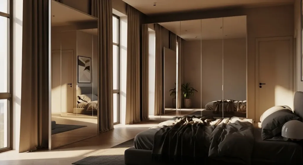 تصميم غرفة نوم بمرايا عملاقة لتوسيع المساحة بشكل بصري جداSelect 83 more words to run Humanizer. غرفة نوم مرايا كبيرة لتوسيع المساحة بشكل بصري حديث جدا