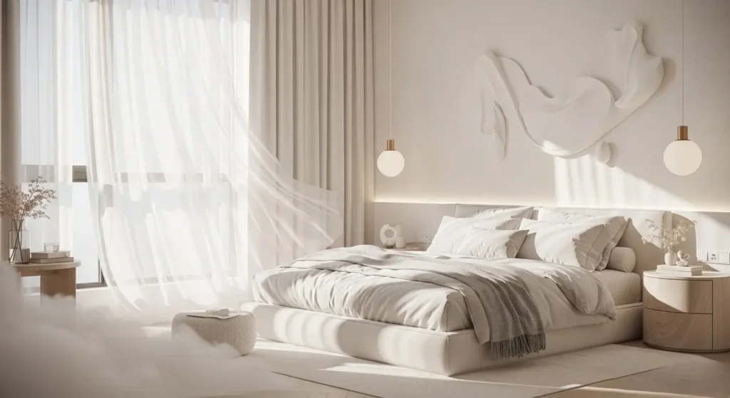 ديكور غرفة نوم أبيض يمنحك إحساس الصفاء والراحةSelect 85 more words to run Humanizer. غرفة نوم بلون أبيض ناعم مع إضاءة طبيعية حالمة