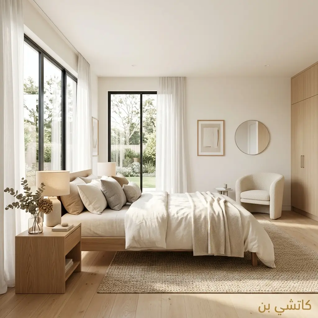 غرفة نوم بالأبيض الدافئ بإضاءة مشرقة وتصميم أنيق