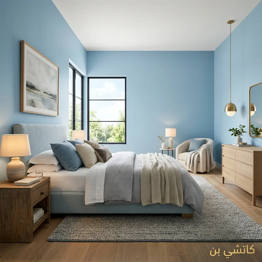 غرفة نوم بالأزرق السماوي الناعم بأجواء راقية ومريحة