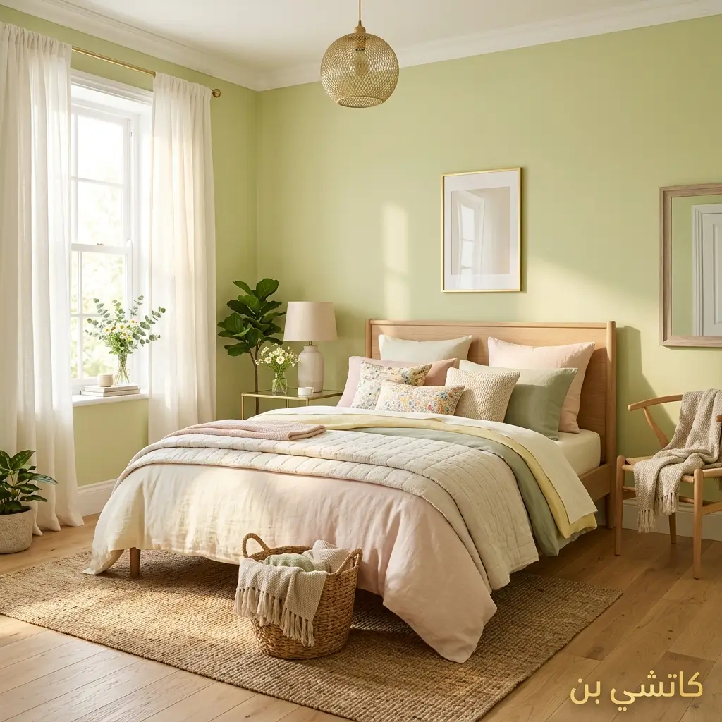 دهانات غرف نوم أخضر كمثرى فاتح مع ستائر بيضاء أنيقة