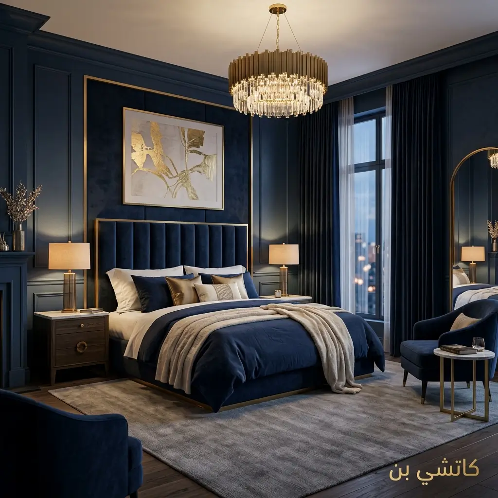 دهانات غرف نوم أزرق ليلي ناعم مع أثاث ذهبي فاخر