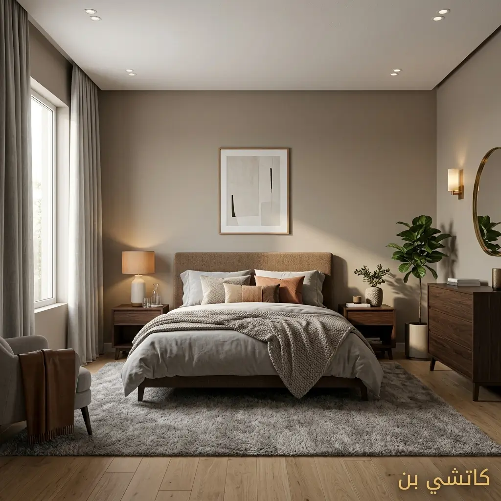 دهانات غرف نوم تاوب مع أثاث خشبي داكن وأجواء راقية